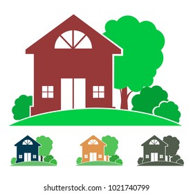 cottage with trees and bushes (logo, sign, icon, emblem), country house image in color and monochrome