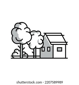Cottage and trees outline icon grey