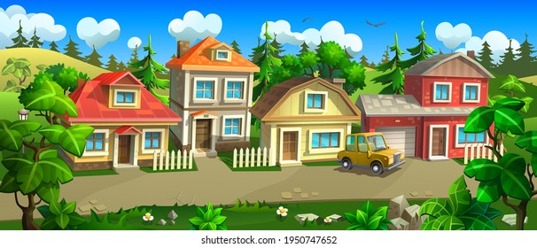 A cottage village with colorful houses along the road. 