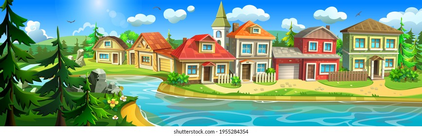 A cottage village with colorful houses on the shore of a mountain river. A small town against the backdrop of a forest landscape.