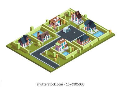 Cottage village isometric. Suburban modern residential houses townhouses in small town with infrastructure vector isometric map