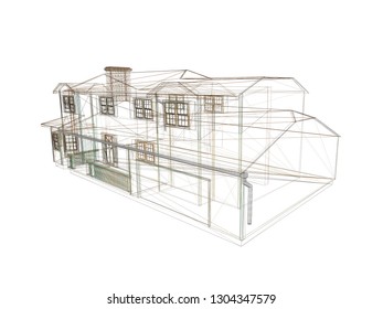 Cottage wireframe. Drawing of the house in isometric. Vector illustration.