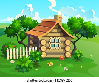 Cottage. Wooden House In The Forest. Vector Cartoon Illustration.