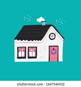 Cottage with Xmas decoration flat vector illustration