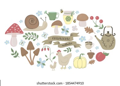 Cottagecore aesthetic big clip art set. Vector in hand drawn style. Autumn fall warm rural collection of isolated elements mushrooms, snail, leaves, wild strawberry, tea pot, hen, honey, flower