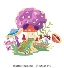 Cottagecore aesthetic composition with mushrooms and frog. Vector fairy design with fly agaric in cartoon style. Cottage core style illustration surreal design with fun frog, fungi and toadstools