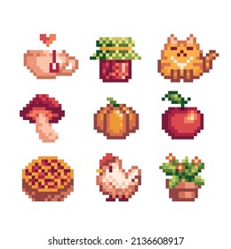 Cottagecore aesthetic pixel art icon set. Country farm elements collection. Cozy English cottage badges. 8-bit sprite. Game development, mobile app.  Isolated vector illustration.