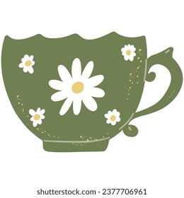 Cottagecore Aesthetic Tea cup. Hand drawn cartoon vintage kitchen tool. Retro coffee or teacup, mug decorative ceramic. Householding element. Cozy cute hygge vector illustration isolated on white