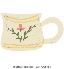 Cottagecore Aesthetic Tea cup. Hand drawn cartoon vintage kitchen tool. Retro coffee or teacup, mug decorative ceramic. Householding element. Cozy cute hygge vector illustration isolated on white