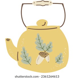 Cottagecore Aesthetic Teapot with acorns and oak leaves. Hand drawing cute cozy illustration in kids style. Childish adorable cottagecore hand drawn element. Vector isolated on white