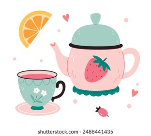 Cottagecore Aesthetic Teapot and cup in summer vintage style. Hand drawn cartoon vintage kitchen tool. Retro coffee or tea pot, kettle decorative ceramic.