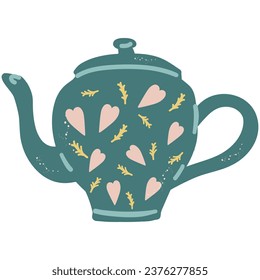 Cottagecore Aesthetic Teapot. Hand drawn cartoon vintage kitchen tool. Retro coffee or tea pot, kettle decorative ceramic. Householding element. Cozy cute hygge vector illustration isolated on white