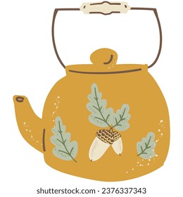 Cottagecore Aesthetic Teapot. Hand drawn cartoon vintage kitchen tool. Retro coffee or tea pot, kettle decorative ceramic. Householding element. Cozy cute hygge vector illustration isolated on white