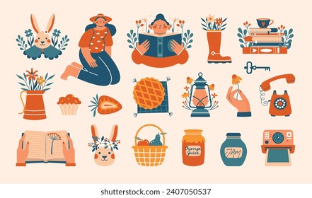 Cottagecore aesthetic. Village, farm life. Set of cute cartoon illustrations. Hand drawn clip arts with reading woman, sitting girl in hat, boots, flowers, rabbit, jars, books, strawberry, basket, pie