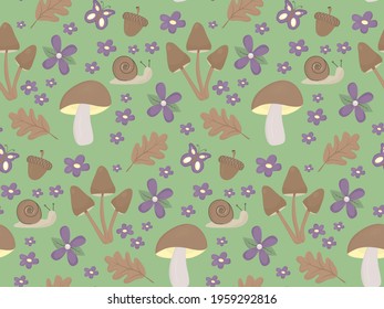 Cottagecore aesthetic wallpaper. Vector seamless pattern in hand drawn style. Autumn fall summer spring rural elements mushrooms, snail, leaves, flowers background. Cute forest wood illustration