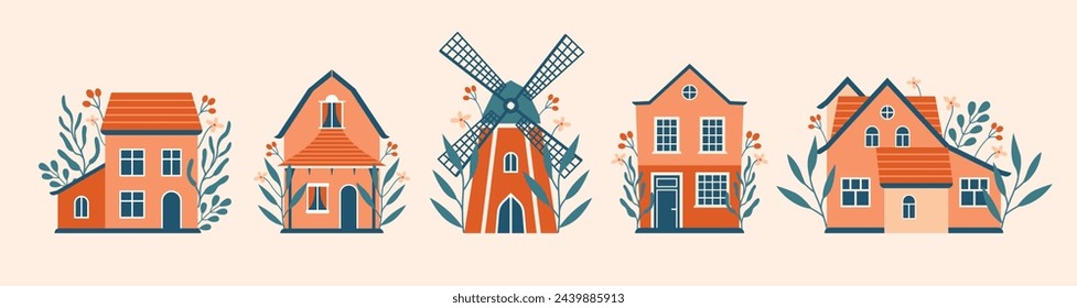 Cottagecore arhitecture. Big set of village buildings, houses, windmill. Slow life, vacation. Cute vector colorful buildings in hand drawn flat style. With botany elements, flowers, plants, berries.	