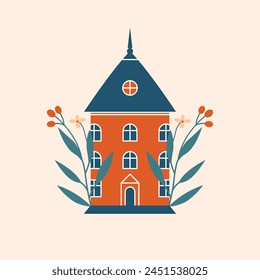 Cottagecore arhitecture. Village building, house with plants, leaves, berries. Cute vector colorful building in hand drawn flat style. Slow life, life on farm. Rest in travel, vacation concept.