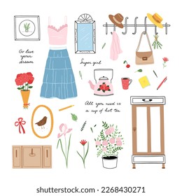 Cottagecore clipart set. Hand drawn lifestyle illustrations. Farmhouse lifestyle vector set