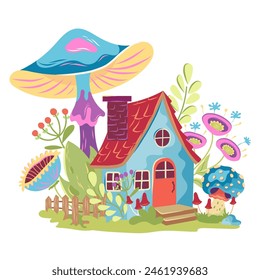 Cottagecore composition with house, mushrooms, flowers. Vector fairy tale blue house with fly agaric in cartoon style. Forest magic illustration surreal design with fun cottage, fungi and toadstools