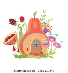 Cottagecore composition with pumpkin house, mushrooms, flowers. Vector fairytale house with fungi and toadstools in cartoon style. Forest magic illustration surreal design with fun cottage and thistle