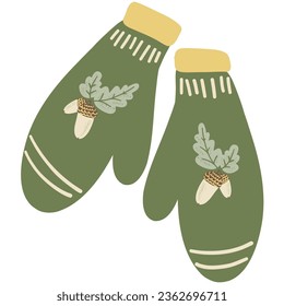 Cottagecore Cozy Mittens with oak leaves and acorns. Hand drawing cute cozy illustration in kids style. Childish cartoon adorable cottagecore hand drawn element. Vector isolated on white