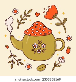 Cottagecore cute teapot and  flowers. Hand drawn country style porcelain kettle with amanita mushroom cap. Green witch, goblincore elements. Vector illustration for card, poster, print design