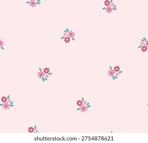 Cottagecore Delicate cute Small Floral Seamless Pattern on light pinkbackground. Vector Background in Vintage Ditsy Style of Pastel Pink Colors for Print on Textile .