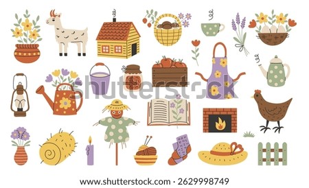 Cottagecore Design Elements Set. Hand drawn Countryside illustrations collection. Farm Cottage Life and Rural Summer Holiday symbols. Flat
