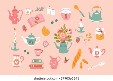 Cottagecore element set with vintage teapots, books and flowers
