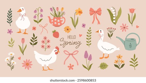 Cottagecore elements with animals, flowers, bows. Duck, goose, chicken. Gardening spring summer countryside village life
