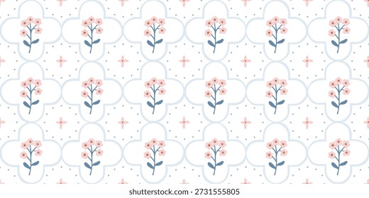Cottagecore floral trellis seamless pattern with vintage wildflower bouquets and garden borders. Decorative wrapping paper and textile backgrounds