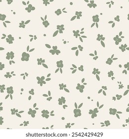 Cottagecore Floral vector seamless pattern with ditsy tossed flowers on light celadon background. Simple and versatile retro cottage everyday ditsy floral backdrop in calming green tones