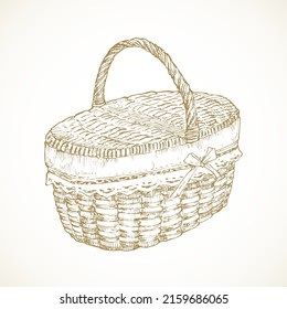 Cottagecore food basket. Hand Drawn Rural Sketch Vector Illustration. Countryside Recreation and Picnic Doodle Item. Isolated