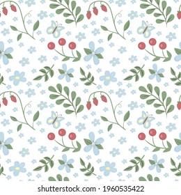 Fondo del bosque de Cottagecore con bayas silvestres, flores y hojas sobre fondo blanco. Patrón sin fisuras vectorial en estilo dibujado a mano. Papel tapiz de elementos rurales de la primavera de otoño. Textura de corte