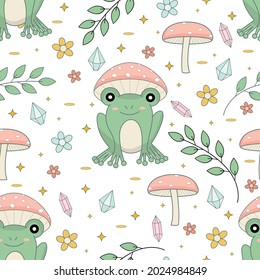 Cottagecore frog and mushrooms seamless pattern