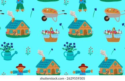 cottagecore garden seamless pattern, scarecrow house flowers wheelbarrow watering cans, blue background, cute farm style clipart kids cards decor