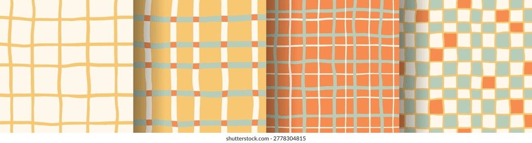 Cottagecore gingham and check seamless patterns bundle, hand drawn wobbly plaid stripes in warm kitchen colors for table linens, aprons, packaging and cozy farmhouse textiles. Vector
