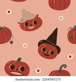 Cottagecore halloween pumpkins seamless pattern. Harvest time vintage design. Country vector background with autumn vegetables. Retro fall texture 