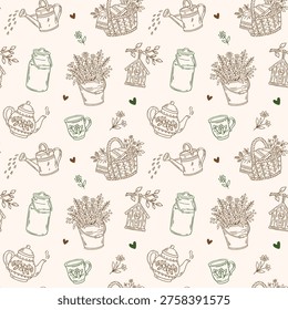 Cottagecore hand-drawn vector seamless pattern of birdhouse, teapot, cup, basket with flowers, watering can, and milk can. Minimal design for prints, cards, stationery, and craft projects