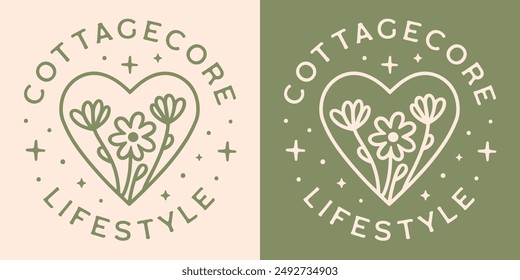 Cottagecore lifestyle quotes round badge button sticker ornament. Cute green flowers floral heart wildflowers cottage life slow living aesthetic decor vector for shirt design printable cut file.