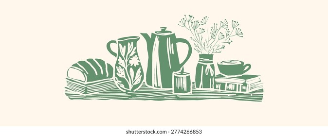 Cottagecore linocut still life with bread, pitcher, teapot, vase and books in vintage woodcut style
