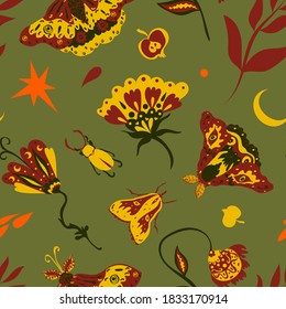 Cottagecore magic autumn pattern with flowers, insects, moon and stars in bright earthy colors on warm green background