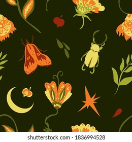 Cottagecore magic autumn pattern in warm earthy colors on deep green background