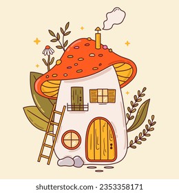 Cottagecore mushroom house for gnomes and dwarfs. Fairytale big amanita home. Goblincore, magic forest vector illustration. Fantasy fly agaric sticker, print, card design