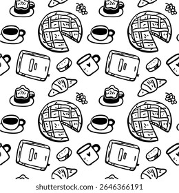 Cottagecore picnic repeat pattern. Cute rustic brunch doodle aesthetics. Hand drawn vector background.