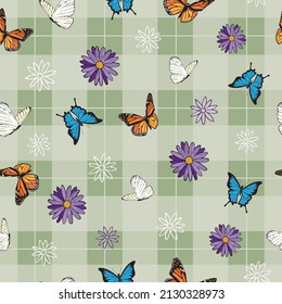 Cottagecore Plaid with Butterflies Seamless Pattern background