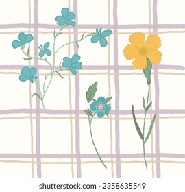 Cottagecore plaid gingham print wallpaper with blue and yellow flowers. Hand drawn doodle flowers
Cottagecore Chintz rustic botanical  Background