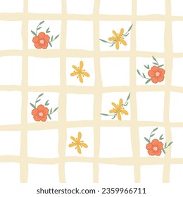 Cottagecore plaid gingham print wallpaper with yellow floral seamless pattern. Hand drawn doodle flowers
Cottagecore Chintz rustic botanical  Background