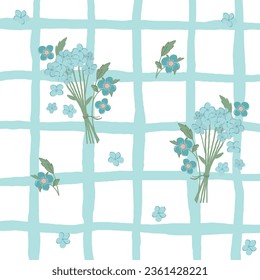 Cottagecore plaid gingham print wallpaper with blue floral seamless pattern. Hand drawn doodle flowers
Cottagecore Chintz rustic botanical  Background