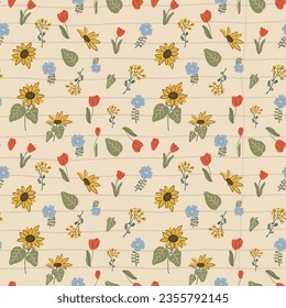 Tapete aus dem Cottage-Kern mit zarter Chintz Romantischer Wiese Wildblumen und Gartenblumen auf beigem Vintage-Papier. Traditionelle Retro Textile Print 